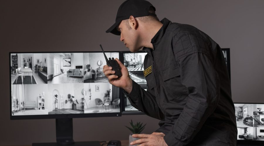 portrait-male-security-guard-with-radio-station-camera-screens