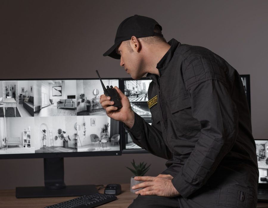 portrait-male-security-guard-with-radio-station-camera-screens